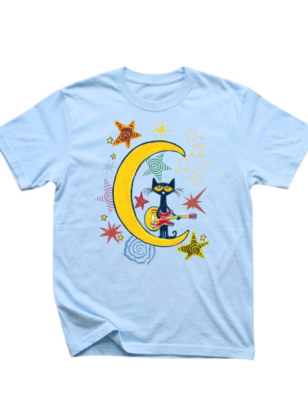 Gildan Light Blue Graphic Tee with Yellow Moon & Black Pete Cat